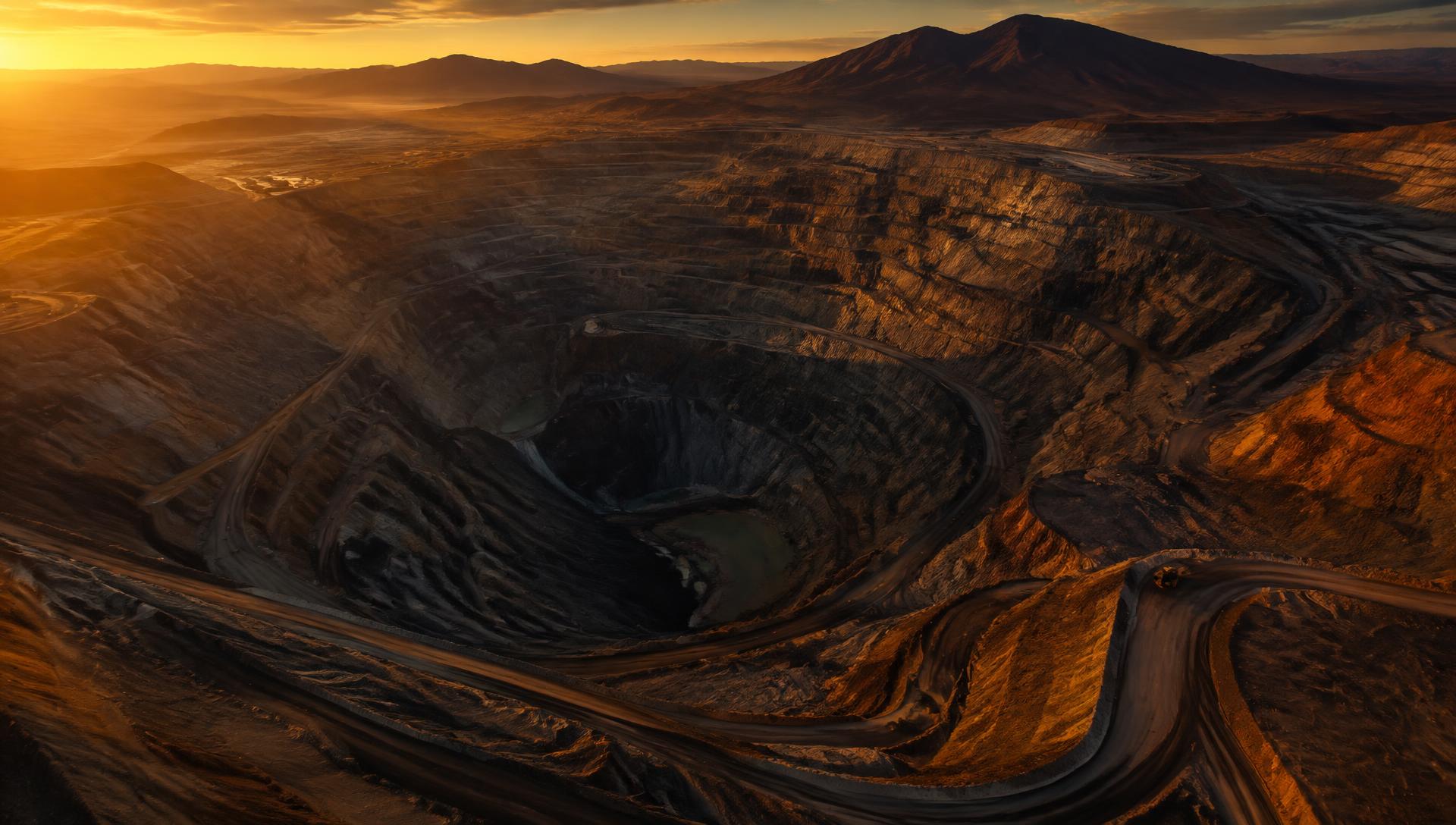 Mina a rajo abierto al atardecer en el desierto
